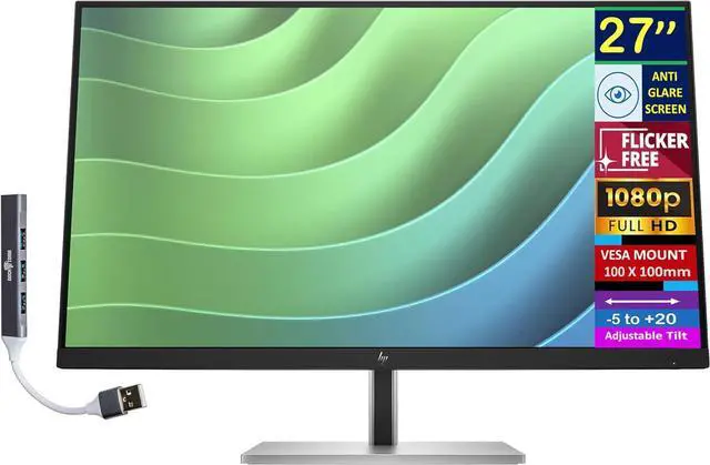 Main image of HP 27" FHD IPS Monitor with 5ms Response Time, Anti-Glare, Flicker Free, 300 nits Brightness, VESA mount (100 x 100 mm), HDMI & Dockztorm USB Port Expander, Black/Silver Color