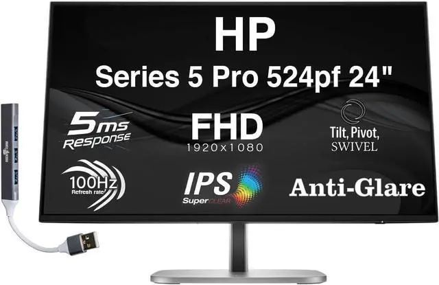 Main image of HP Series 5 Pro 524pf 24" FHD IPS Monitor with 5ms Response Time, Anti-Glare, Flicker Free, 350nits Brightness, 100 Hz Refresh rate, Displayport, HDMI & Dockztorm USB Port Expander, Black/Silver Color
