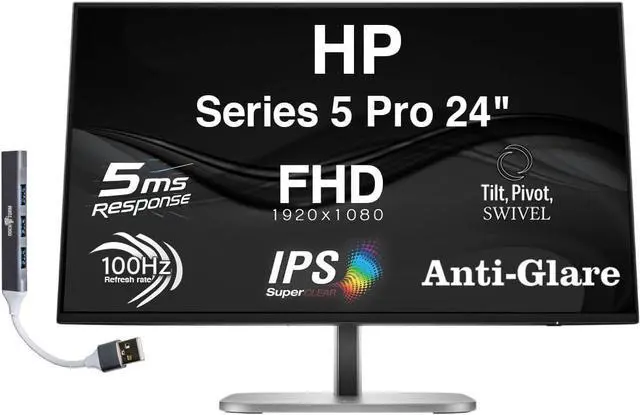 Main image of HP Series 5 Pro 24" FHD IPS Monitor with 5ms Response Time, Anti-Glare, Flicker Free, 350nits Brightness, 100 Hz Refresh rate, Displayport, HDMI & Dockztorm USB Port Expander, Black/Silver Color