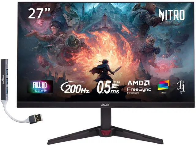 Main image of Acer Nitro 27" FHD IPS Monitor with 0.5ms Response Time, Anti-Glare, Flicker Free, 200 Hz Refresh rate, VESA Mount 100 mm, Displayport, HDMI & Dockztorm USB Port Expander, Black