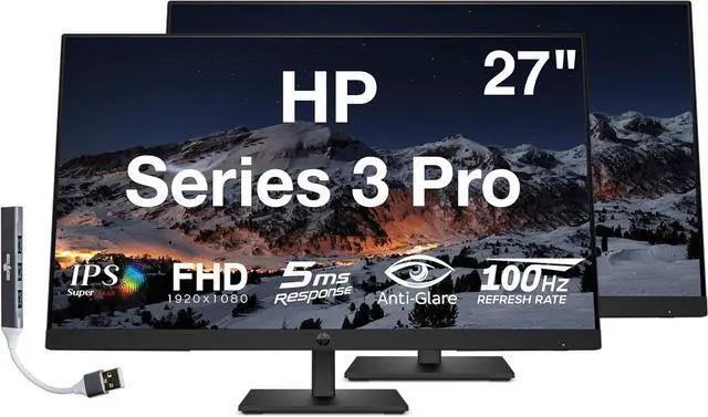 Main image of HP Series 3 Pro 27" FHD IPS Monitor with 5ms Response Time, Anti-Glare, Flicker Free, 250 nits Brightness, VESA Mount (100mm), Displayport, HDMI & Dockztorm USB Port Expander, Black Color 2 Pack
