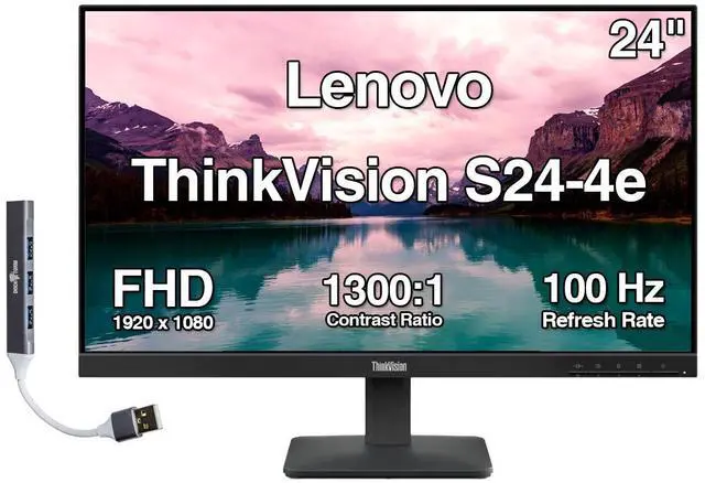 Main image of Lenovo ThinkVision S24-4e 24" FHD IPS Monitor with 4ms Response Time, 100 Hz Refresh rate, Anti-Glare, Flicker Free, VESA Mount (100mm), HDMI & Dockztorm USB Port Expander, Black (64B5KAT1UZ)