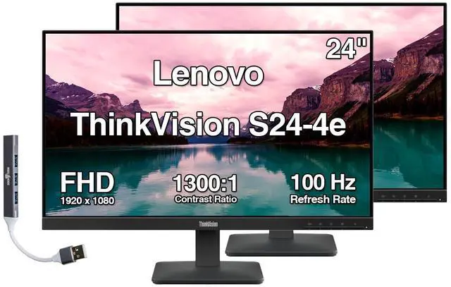 Main image of Lenovo ThinkVision S24-4e 24" FHD IPS Monitor with 4ms Response Time, 100 Hz Refresh rate, Anti-Glare, Flicker Free, VESA Mount (100mm), HDMI & Dockztorm USB Port Expander, Black (64B5KAT1UZ) 2 Pack