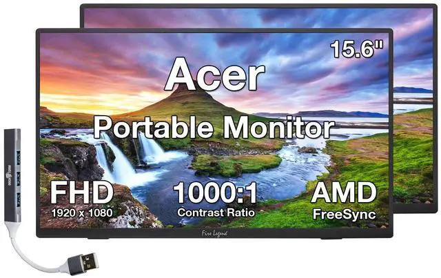 Main image of Acer 15.6" FHD IPS Portable Monitor with 6ms Response Time, Anti-Glare, 250 nits Brightness, VESA Mount (100mm), AMD FreeSync, Mini HDMI & Dockztorm USB Port Expander, Black Color 2 Pack