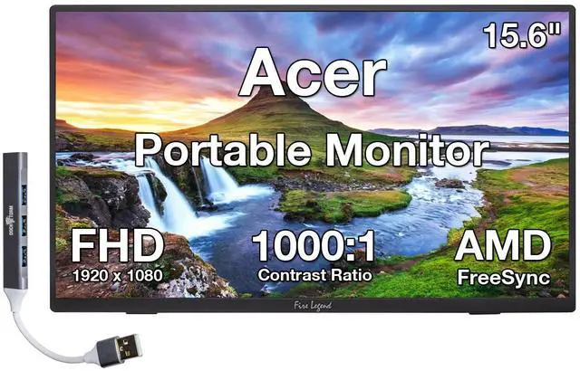 Main image of Acer 15.6" FHD IPS Portable Monitor with 6ms Response Time, Anti-Glare, 250 nits Brightness, VESA Mount (100mm), AMD FreeSync, Mini HDMI & Dockztorm USB Port Expander, Black Color