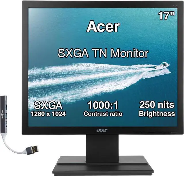 Main image of Acer 17" SXGA TN Monitor with 5ms Response Time, Anti-Glare, 250 nits Brightness, VESA Mount (100x100mm), VGA & Dockztorm USB Port Expander, Black Color