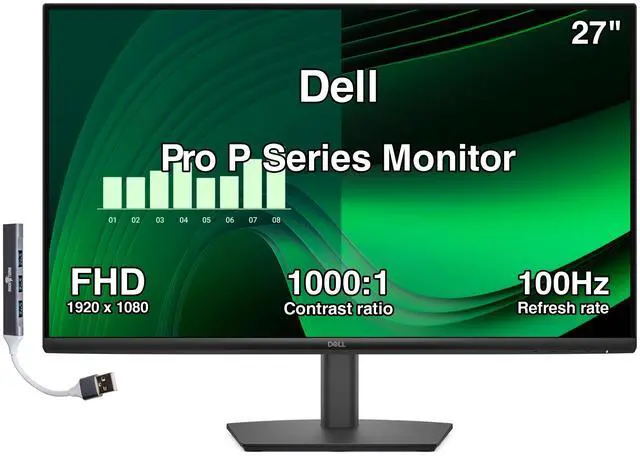 Main image of Dell Pro P Series 27" FHD IPS Monitor with 5ms Response Time, Anti-Glare, 300 nits Brightness, VESA Mount (100mm), DisplayPort, HDMI, VGA & Dockztorm USB Port Expander, Black Color