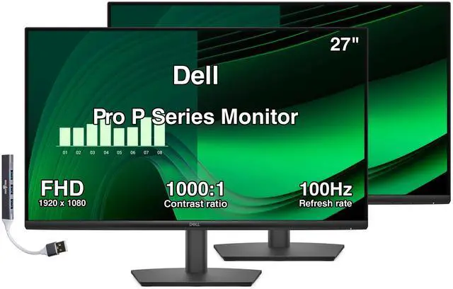 Main image of Dell Pro P Series 27" FHD IPS Monitor with 5ms Response Time, Anti-Glare, 300 nits Brightness, VESA Mount (100mm), DisplayPort, HDMI, VGA & Dockztorm USB Port Expander, Black Color 2 Pack