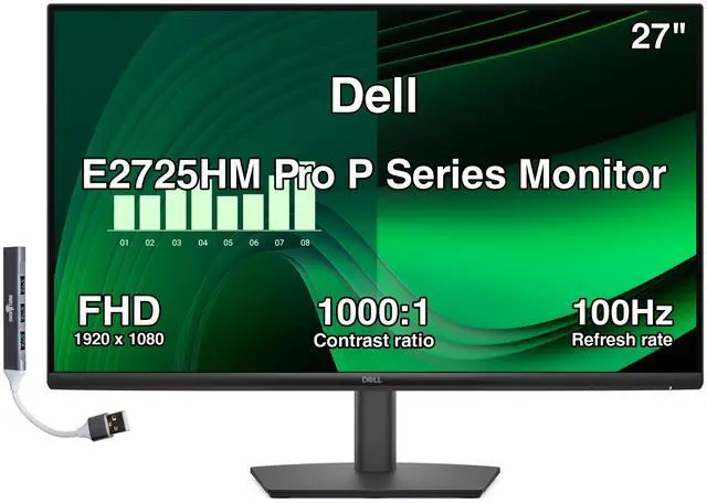 Main image of Dell Pro P Series 27" FHD IPS Monitor with 5ms Response Time, Anti-Glare, 300 nits Brightness, VESA Mount (100mm), DisplayPort, HDMI, VGA & Dockztorm USB Port Expander, Black Color (E2725HM)