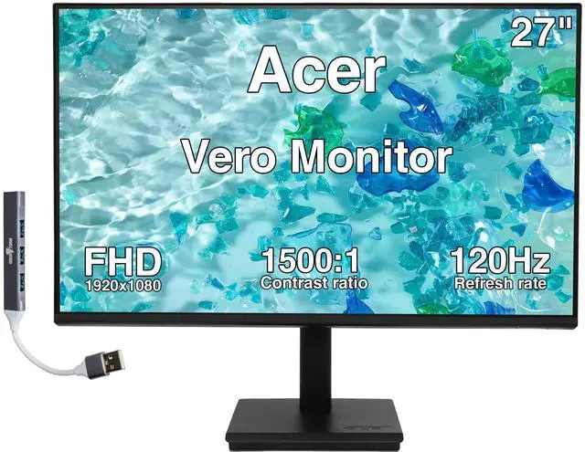 Main image of Acer Vero 27" FHD IPS Monitor, 4ms Response Time, Anti-Glare, 120Hz Refresh Rate, Built-in Speaker, VESA Mount (100mm), DisplayPort, VGA & Dockztorm USB Port Expander, Black w/ HDMI cable