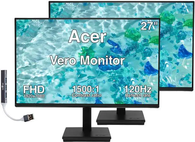 Main image of Acer Vero 27" FHD IPS Monitor, 4ms Response Time, Anti-Glare, 120Hz Refresh Rate, Built-in Speaker, VESA Mount (100mm), DisplayPort, VGA & Dockztorm USB Port Expander, Black 2-Pack w/ HDMI cable