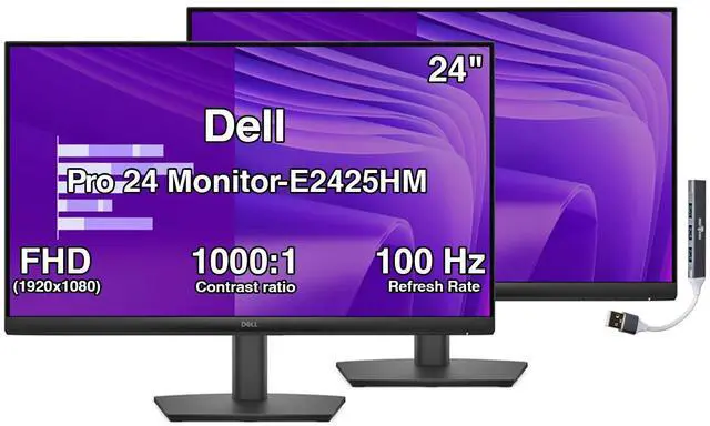 Main image of Dell Pro 24 24" IPS Monitor, 5ms Response Time, Anti-Glare, 100Hz Refresh Rate, 250 nits Brightness, VESA Mount, HDMI, DisplayPort, VGA, Black (E2425HM) & DKZ Hub (2-Pack)