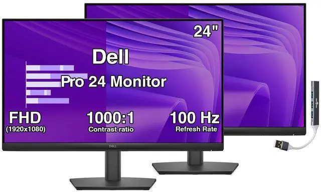 Main image of Dell Pro 24 24" IPS Monitor, 5ms Response Time, Anti-Glare, 100Hz Refresh Rate, 250 nits Brightness, VESA Mount, HDMI, DisplayPort, VGA, Black & DKZ Hub (2-Pack)