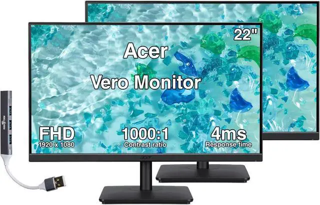 Main image of Acer Vero 22" FHD IPS Monitor with 4ms Response Time, Anti-Glare, 250 nits Brightness, VESA Mount (100mm), Built-In Speakers, HDMI, VGA & Dockztorm USB Port Expander, Black Color 2-Pack w/HDMI cable