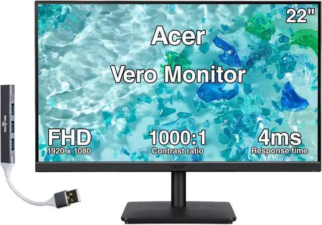 Main image of Acer Vero 22" FHD IPS Monitor with 4ms Response Time, Anti-Glare, 250 nits Brightness, VESA Mount (100mm), Built-In Speakers, HDMI, VGA & Dockztorm USB Port Expander, Black Color w/HDMI cable