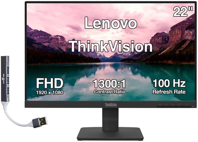 Main image of Lenovo ThinkVision 22" FHD IPS Monitor, 4ms Response Time, Anti-Glare, Flicker-Free, 100Hz Refresh Rate, VESA Mount (100 x 100 mm), VGA, HDMI & Dockztorm USB Port Expander, Black Color
