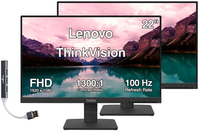 Main image of Lenovo ThinkVision 22" FHD IPS Monitor, 4ms Response Time, Anti-Glare, Flicker-Free, 100Hz Refresh Rate, VESA Mount (100 x 100 mm), VGA, HDMI & Dockztorm USB Port Expander, Black Color 2-Pack