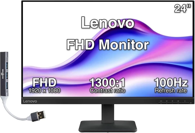 Main image of Lenovo 24" FHD IPS Monitor, 4ms Response Time, Anti-Glare, Flicker-Free, 100Hz Refresh Rate, 250 nits Brightness, VESA Mount (100 mm), VGA, HDMI & Dockztorm USB Port Expander, Black Color
