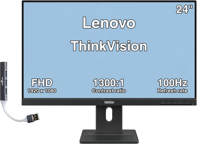 Main image of Lenovo ThinkVision 24" FHD Monitor, 4ms Response Time, Anti-Glare, Flicker-Free, VESA Mount (100mm), Built-in Speakers, 100Hz Refresh rate VGA, HDMI & Dockztorm USB Port Expander, Black