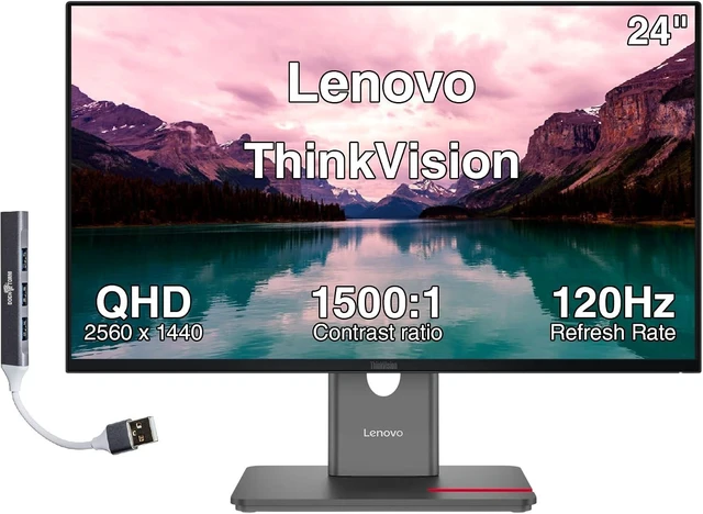 Main image of Lenovo ThinkVision 24" QHD IPS Monitor, 4ms Response Time, Anti-Glare, 120Hz Refresh Rate, VESA Mount (100mm), Tilt, Pivot, Swivel, DisplayPort, HDMI & DKZ USB Port Expander, Black