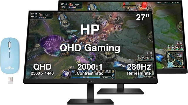 Main image of HP OMEN 27" QHD IPS Gaming Monitor, 1ms Response Time, Anti-Glare, Flicker-free, AMD FreeSync Premium, VESA Mount (100mm), Tilt, Pivot, DisplayPort, HDMI & Dockztorm Wireless Mouse, Black 2-Pack