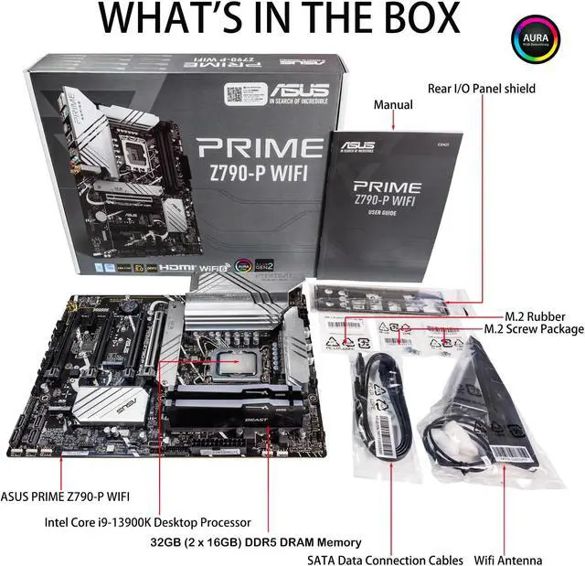 Alt view image 2 of 6 - ASUS Prime Z790-P WiFi ATX Motherboard (PCIe 5.0,Thunderbolt 4,WiFi 6) Bundle with Intel i9-13900K (Unlocked 24 cores 36M Cache, upto 5.8 GHz) and Kingston Fury Beast 32GB (2x 16GB) RGB Desktop Memory
