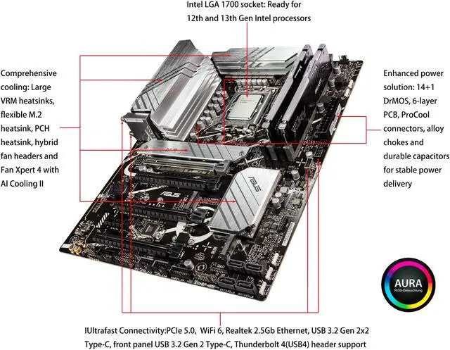 Alt view image 4 of 6 - ASUS Prime Z790-P WiFi ATX Motherboard (PCIe 5.0,Thunderbolt 4,WiFi 6) Bundle with Intel i9-13900K (Unlocked 24 cores 36M Cache, upto 5.8 GHz) and Kingston Fury Beast 32GB (2x 16GB) RGB Desktop Memory