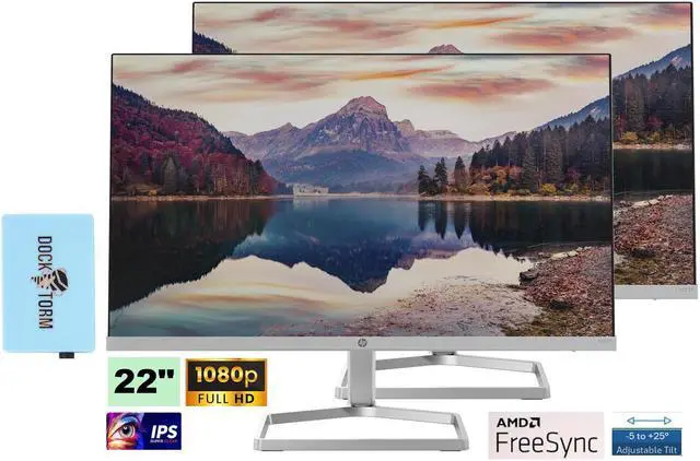 Main image of HP 22 IPS 1080P FreeSync Monitor Bundle with Docztorm Dock, 22 inch IPS FHD (1920 x 1080) Display, HDMI, VGA, Adjustable Tilt, Ideal for Home & Business, Black & Silver (2024 Latest Model) - Pack of 2