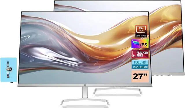 Main image of HP 27" FHD IPS (1920x1080) Monitor Bundle with Docztorm Dock, 100Hz Refresh Rate, 2X HDMI 1.4, 1x VGA, Flicker-Free, Anti-Glare, Ideal for Home & Business, White/Silver (2024 Latest Model) (2 Pack)