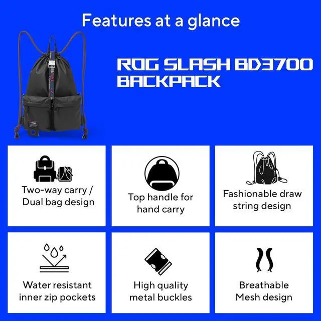 Alt view image 2 of 7 - ASUS ROG Slash BD3700 Multi-use Drawstring Bag with Zinc Alloy Buckle, ROG Slash Pattern Strap, Water-Resistant Inner Zip Pocket, Versatile Carrying Options, Suitable for up to 15.6-inch Laptop