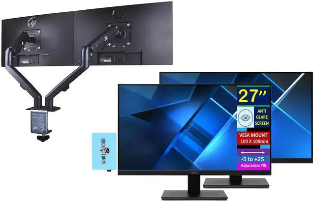 Main image of Acer 27" FHD IPS AMD FreeSync Monitor with 4ms Response Time, VESA Mount (100mm), HDMI, VGA & Dockztorm USB Port Expander, Black & ErgoFlexy Dual Monitor Mount (2Pack)