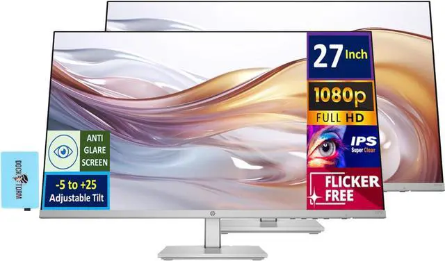 Main image of HP 27" FHD IPS (1920x1080) Height Adjust Monitor Bundle with Docztorm Dock, 2X HDMI, VGA, Flicker free, 3-Sided Micro-Edge Bezel, Ideal for Home & Business, Black/Silver (2024 Latest Model) (2 Pack)