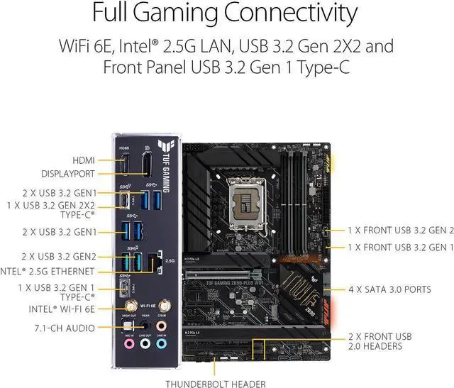 Alt view image 2 of 6 - ASUS TUF Gaming Z690-Plus WiFi LGA 1700(Intel 12th,13th & 14th Gen) ATX gaming motherboard(PCIe 5.0, DDR5,4xM.2/NVMe SSD,14+1 power stages,WiFi 6,front USB 3.2 Gen 2 Type-C®,Thunderbolt 4