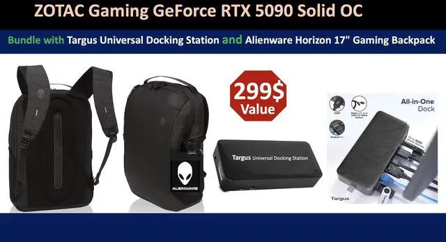 Alt view image 2 of 7 - ZOTAC Gaming GeForce RTX 5090 Solid OC 32GB GDDR7, Engine Clock 2422 MHz, Reinforced Metal Mid-Frame, IceStorm 3.0 Advanced Cooling. Bundle with Targus dockstation and Backpack Alienware.