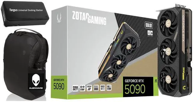 Main image of ZOTAC Gaming GeForce RTX 5090 Solid OC 32GB GDDR7, Engine Clock 2422 MHz, Reinforced Metal Mid-Frame, IceStorm 3.0 Advanced Cooling. Bundle with Targus dockstation and Backpack Alienware.