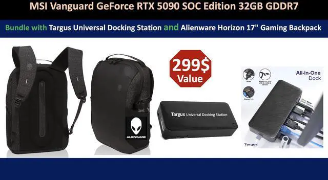 Alt view image 2 of 7 - MSI Gaming RTX 5090 32G Vanguard SOC Graphics Card (32GB GDDR7, 512-bit, Extreme Performance: 2527 MHz, DisplayPort x3 2.1a, HDMI 2.1b. Bundle with Targus Dock Station and Backpack Alienware