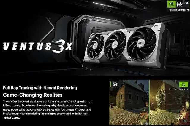 Alt view image 3 of 7 - MSI Ventus 3X FeForce RTX 5090 OC Edition 32GB GDDR7, PCI Express Gen 5, Clocks Extreme: 2452 MHz, CUDA CORES 21760 Units, Memory Speed 28 Gbps. Bundle with Targus dockstation and Alienware Backpack