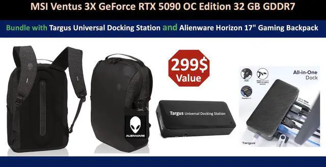 Alt view image 2 of 7 - MSI Ventus 3X FeForce RTX 5090 OC Edition 32GB GDDR7, PCI Express Gen 5, Clocks Extreme: 2452 MHz, CUDA CORES 21760 Units, Memory Speed 28 Gbps. Bundle with Targus dockstation and Alienware Backpack