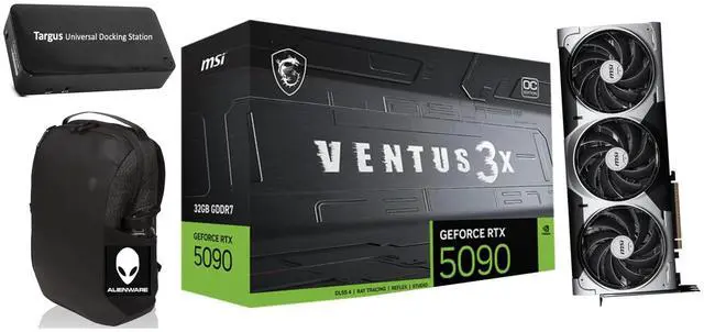 Main image of MSI Ventus 3X FeForce RTX 5090 OC Edition 32GB GDDR7, PCI Express Gen 5, Clocks Extreme: 2452 MHz, CUDA CORES 21760 Units, Memory Speed 28 Gbps. Bundle with Targus dockstation and Alienware Backpack
