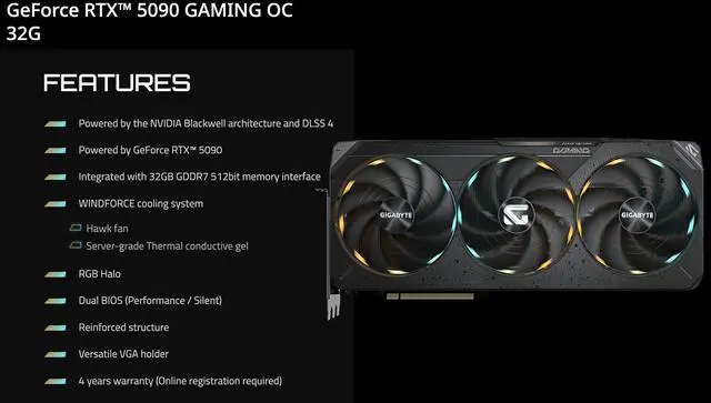 Alt view image 4 of 7 - GIGABYTE Gaming GeForce RTX 5090 OC Edition 32GB GDDR7, 2550 MHz (Ref. Card : 2407MHz), Clock 28 Gbps, Memory Bus 512 bit, Resolution 7680x4320, Bundle with Targus Dock Station and Backpack Alienware