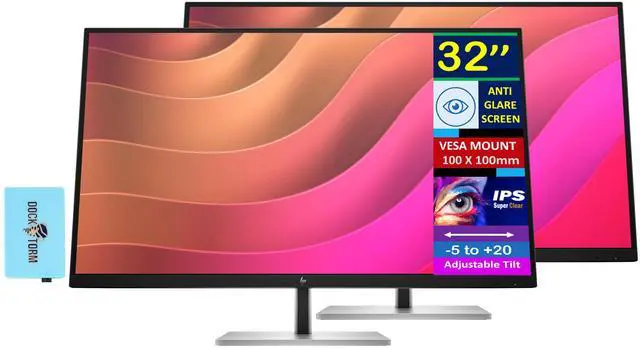 Main image of HP E32k 32" G5 4K USB-C Monitor with 5ms Response Time, Anti Glare, Flicker Free, VESA Mount (100mm), Displayport & Dockztorm USB Port Expander, Black/Silver (6N4D6AA#ABA - 2025 Latest Model) 2 Pack