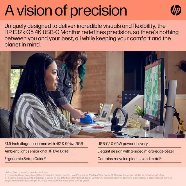 Alt view image 6 of 7 - HP E32k G5 32" 4K USB-C Monitor with 5ms Response Time, Anti Glare, Flicker Free, VESA Mount (100mm), Displayport & HDMI, Black/Silver (6N4D6AA#ABA - 2025 Latest Model) (Renewed)