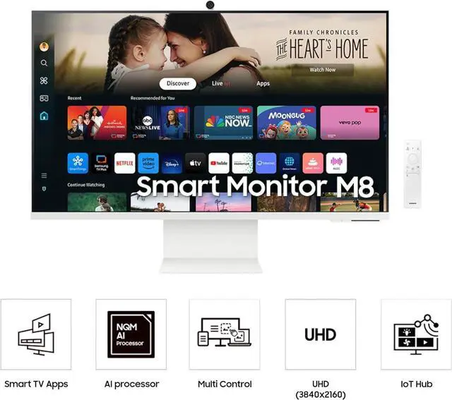 Alt view image 3 of 7 - SAMSUNG 32-Inch M8 (M80D) 4K UHD Smart Monitor with Streaming TV, Speakers, HDR10+, AI Upscaling, Ergonomic Stand, Slimfit Camera, Gaming Hub, USB-C & DKZ USB Port Expander, (LS32DM801UNXZA)
