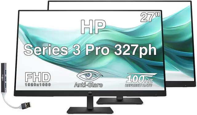 Main image of HP Series 3 Pro 327ph 27" FHD IPS Monitor with 5ms Response Time, Anti-Glare, Flicker Free, VESA Mount (100mm), Displayport, HDMI & Dockztorm USB Port Expander, Black Color (B0CG8UT#ABA) 2 Pack