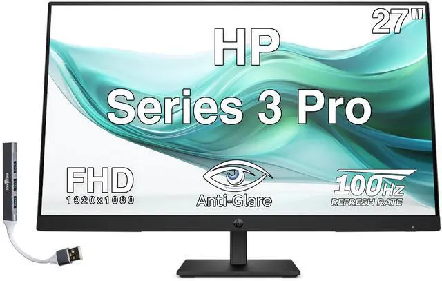 Main image of HP Series 3 Pro 27" FHD IPS Monitor with 5ms Response Time, Anti-Glare, Flicker Free, 250 nits Brightness, VESA Mount (100mm), Displayport, HDMI & Dockztorm USB Port Expander, Black Color