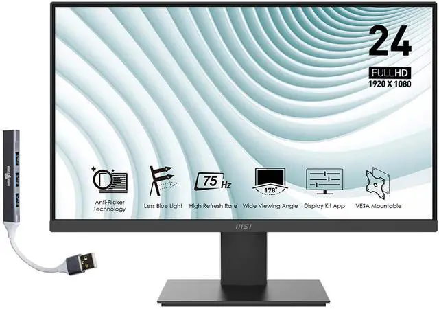 Main image of MSI 24" FHD VA (1920x1080) Monitor, 75 Hz Refresh Rate, 1 HDMI (1.4b), 1 VGA, Anti-Flicker, Anti-Glare, Ideal for Business & Productivity, Black (2024 Latest Model), Bundle with Docztorm Dock