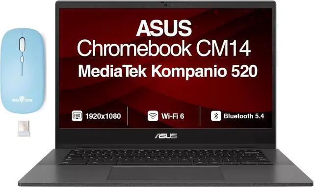 Main image of ASUS Chromebook CM14 CM1402CM2A-DB44F Laptop 14.0" TN FHD Display (MediaTek Kompanio 520, 4GB LPDDR4X, 64GB eMMC SSD, WiFi 6, Webcam, Chrome OS) w/Dockztorm Wireless Mouse