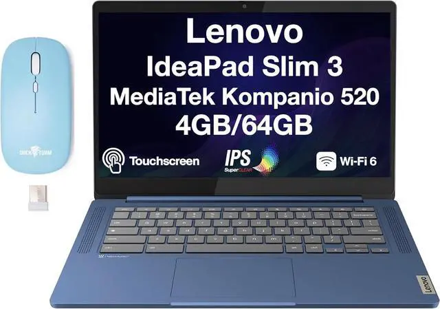 Main image of Lenovo IdeaPad Slim 3 82XJ0000US Abyss Blue Chromebook 14" IPS FHD Touchscreen Display, MediaTek Kompanio 520, 4GB RAM, 64GB eMMC SSD, WiFi 6, USB-C, ChromeOS, w/Dockztorm Wireless Mouse
