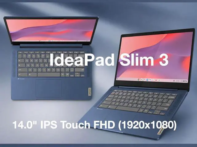 Alt view image 2 of 7 - Lenovo IdeaPad Slim 3 82XJ0000US Abyss Blue Chromebook 14" IPS FHD Touchscreen Display, MediaTek Kompanio 520, 4GB RAM, 64GB eMMC SSD, WiFi 6, USB-C, ChromeOS, w/Dockztorm Wireless Mouse