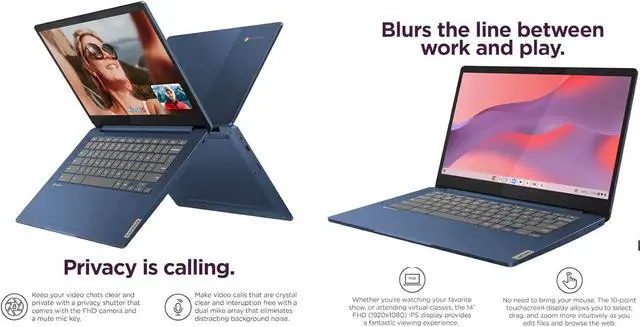 Alt view image 5 of 7 - Lenovo IdeaPad Slim 3 82XJ0000US Abyss Blue Chromebook 14" IPS FHD Touchscreen Display, MediaTek Kompanio 520, 4GB RAM, 64GB eMMC SSD, WiFi 6, USB-C, ChromeOS, w/Dockztorm Wireless Mouse